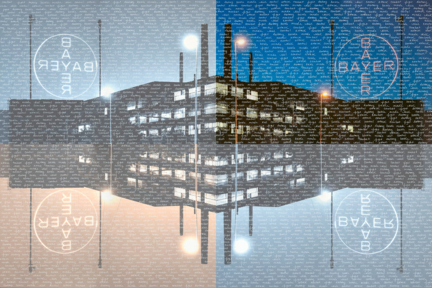Four panel image of building with Bayer logo and handwritten text