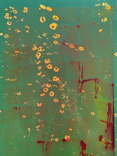 Abstract bright green background with red gestures throughout that suggest a chair. Yellow florals throughout the composition.