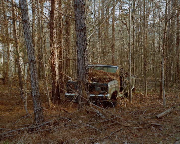 Horizontal photograph of rusted, early model car in the woods