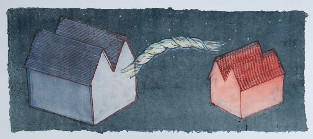 Print of two houses on handmade paper, by Georgia Deal