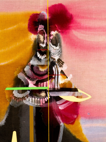 Luke Whitlatch  King of The Dustup, 2020  dye, acrylic and oil on linen  24 x 18 inches abstract painting