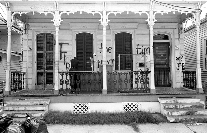Lewis Watts  St. Claude Avenue, Ninth Ward, October 2005, 2005  Archival pigment print  Paper size: 17 x 22 inches  Open Edition  LW_00001, black and white photograph of an abandoned home in Louisiana after hurricane katrina