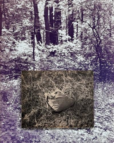 Black and white photograph of the woods with another photograph of a backpack layered on top