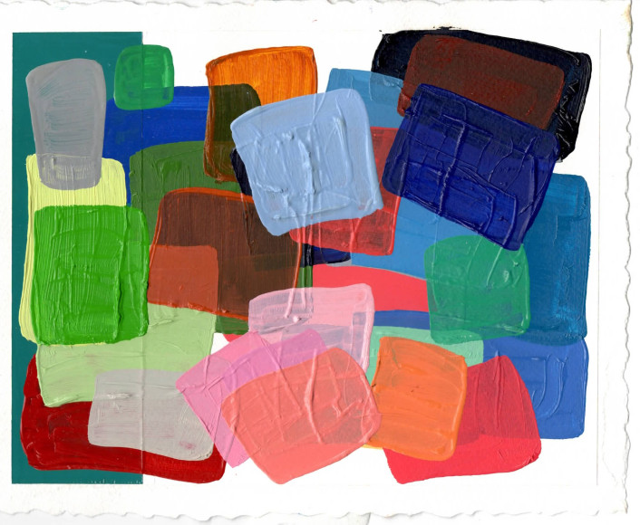 abstract work on paper with several layers of colored square and rectangles