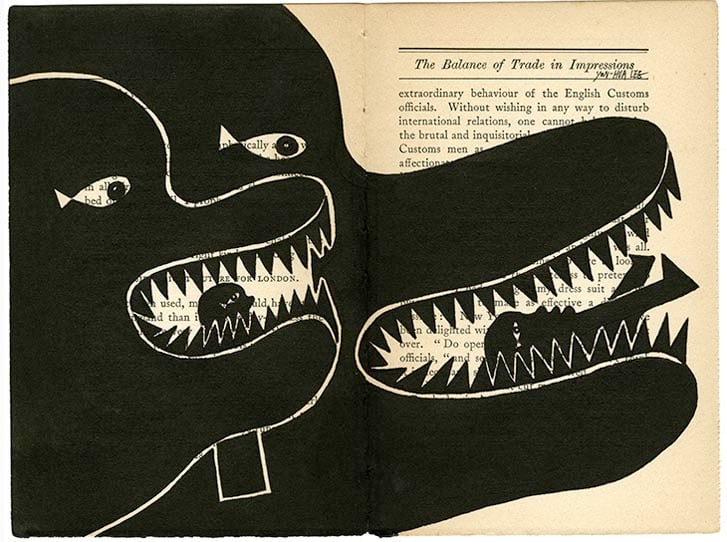 Graphic image of sharp toothed animal mouthes with small human figures inside, by Yen-Hua Lee