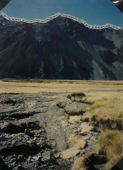 Lydia See  A Walk I took to Mt. Cook, NZ (Joan, 1995), 2016  Chainstitch embroidery, family photograph  5h x 3 1/2w in, $250. framed, landscape of mountains with white chain stitch across the horizon