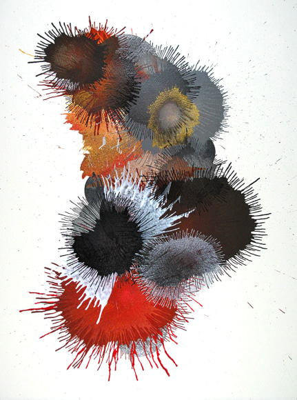 Ben Nixon  Little Umbrellas, 2019  Acrylic and pencil on paper  15h x 11w in, abstract painting on paper with a vertical composition, black, gray, silver, yellow, white and red