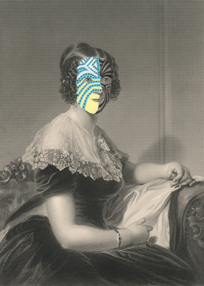 Kirsten Stolle, Mrs. Joseph Davis 1860/2014, from the series de-identified, gouache and ink on 19th century engraving