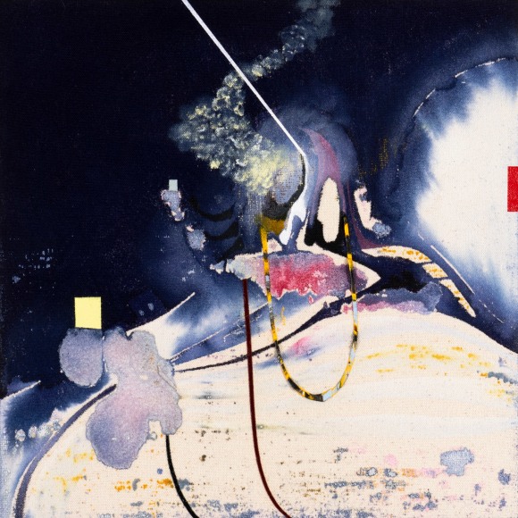 Luke Whitlatch  Baldy Yacht Club, 2020  Dye, Acrylic and Oil on Canvas  12h x 12w in 30.48h x 30.48w cm  LW011 abstract space scape with dark sky background and pale foreground with abstract image in center with many lines and shadows