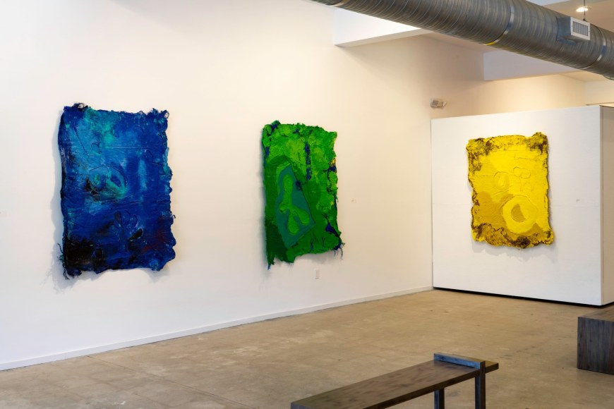 Installation view of Randy Shull: SIESTA including the works Moment in Blue, Jungle Vision, Yellow City