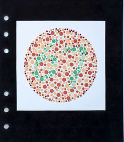 Lydia See  Colorblindness Tests - #67, 2020  &ldquo;Dvorine Pseudo-Isochromatic Plates&rdquo;, cotton embroidery thread, gouache  6 3/4h x 6w in 17.15h x 15.24w cm  $250  LS_010, Red, orange, yellow dots with &quot;67&quot; in the center