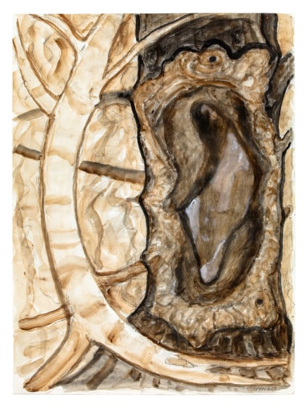 Gerald van de Wiele  Clarity &amp; Confusion, 2019  Watercolor and charcoal on paper  24h x 18w in, vertical abstraction in light and dark brown,