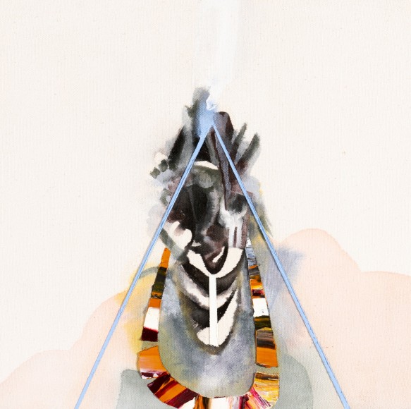 Luke Whitlatch  The right side of the wrong shadow, 2019  Dye, Acrylic and Oil on Canvas  12h x 12w in 30.48h x 30.48w cm  LW010 abstract painting with light cream backgroun and dark colors and grey abstract form in center foreground in triangle form