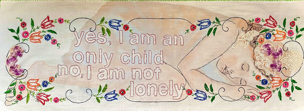 Hand-stitched embroidery on vintage linen, by Orly Cogan