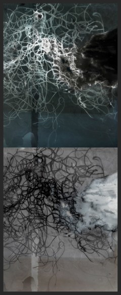 A positive and negative image of a tangled net.