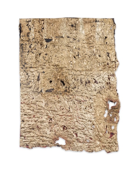 Mantle (Fragment), 2017  Deconstructed quilt, cotton batting, acrylic, india ink, and metal leaf  18 x 14.75 inches (framed), unique