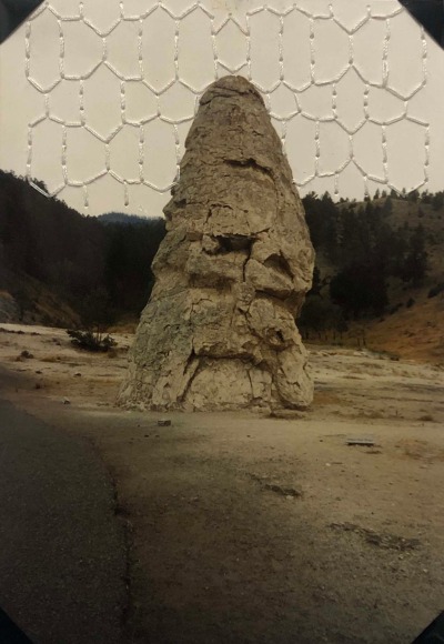 Lydia See  (Joan, 1995), 2016  Blackwork embroidery, family photography  5h x 3 1/2w in 12.70h x 8.89w cm  Framed: 15h x 12w in 38.10h x 30.48w cm  LS_005  $ 250.00, landscape photo with hexogonal stitching