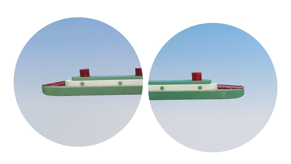 Diptych circular images of long vessel split in two