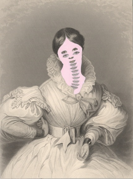 Kirsten Stolle, Mrs. John Goldsmith 1861/2014, from the series de-identified, 2014, gouache and collage on 19th century engraving,  7 1/2h x 5w in, mixed media