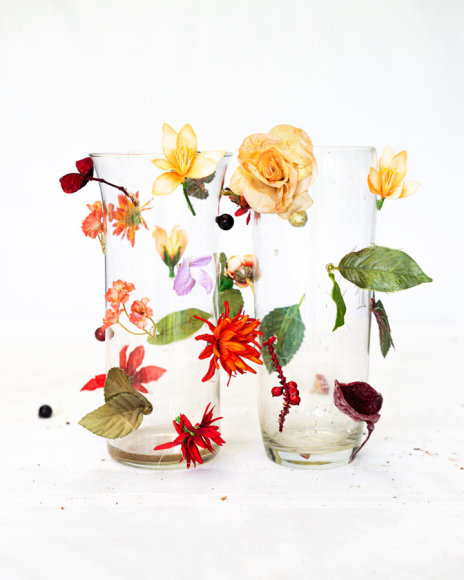 James Henkel  Arrangement #6, 2020  30h x 24w in 76.20h x 60.96w cm  Edition 3  JHe_065 leafs and flowers attached to 2 glass flower vases