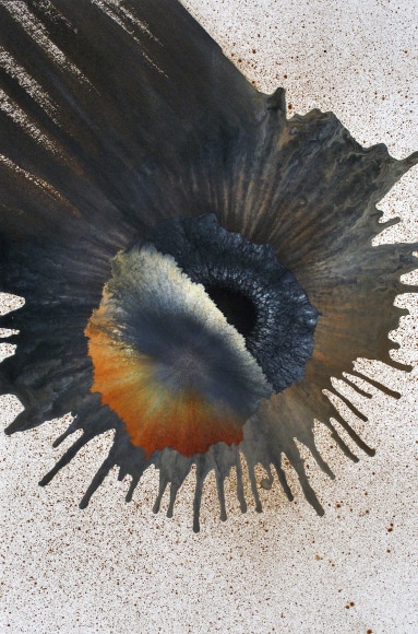 Ben Nixon  Melting Pot, 2021, acrylic abstraction with blue, black and golden areas with graphite spheres