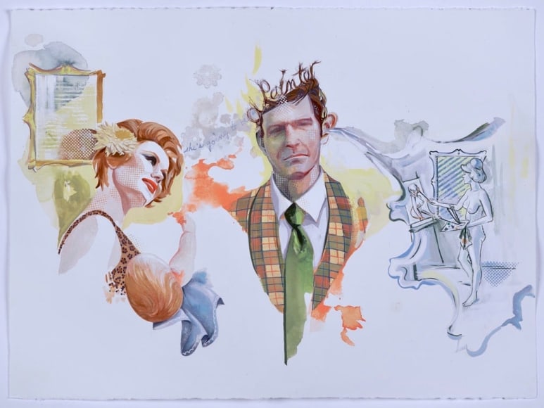 Margaret Curtis  She's Going to Be a Painter, 2020  gouache and ink on paper  30h x 22w in 76.20h x 55.88w cm, drawing of a family contemplating the discovery that their daughter wants to be a painter