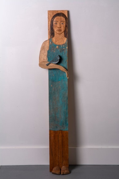 Plank wood sculpture of figure, by Sachiko Akiyama
