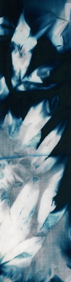 Dawn Roe  Cloth Left 2 days at Cementario de Portbou from the series Conditions for an Unfinished Work of Mourning: Beauty As an Appeal to Join the Majority of Those Who Are Dead, 2017  Digitized Cyanotype on Dibond, with shelf  20h x 5w in, Photography