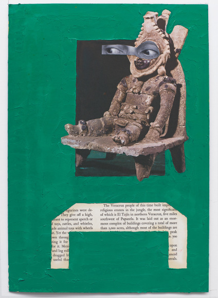 Randy Shull  Chairman, 2018  oil on collaged paper  11h x 9w in, image from an art history book of pre-columbian sculpture with artist's eyes collaged on, surrounded by green oil paint