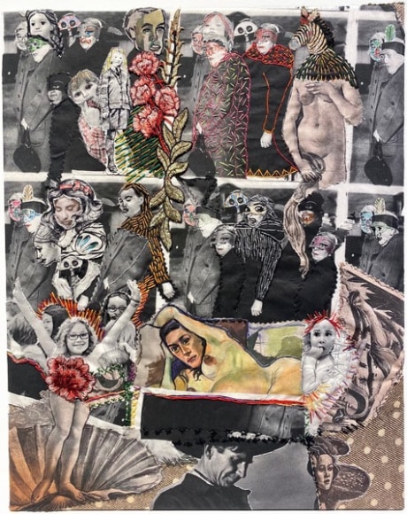 Embroidered collage of art historical imagery