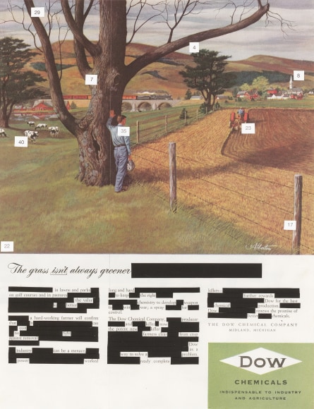 Rectangular collage on 1950 Dow Chemical magazine advertisement displaying text 'The Grass Isn't Always Greener'.