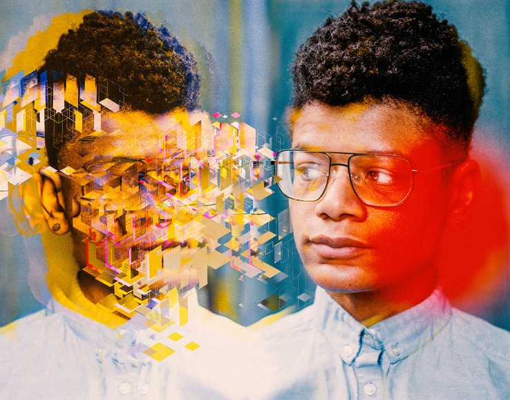 Self portrait of artist with a mirror image. Digital interruption blur the artists face.