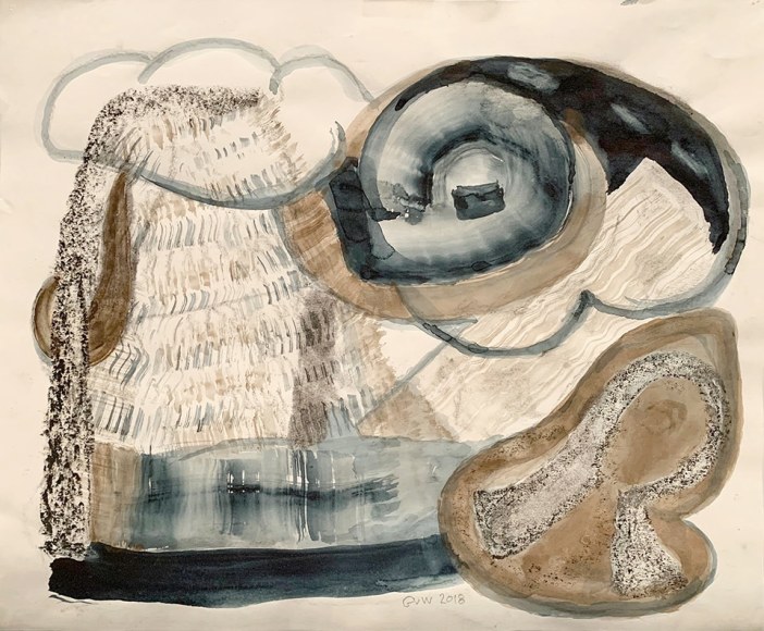 Gerald van de Wiele  Weather Report, 2018  Watercolor and charcoal on paper  14h x 17w in, small, horizontal abstraction in tans and blues