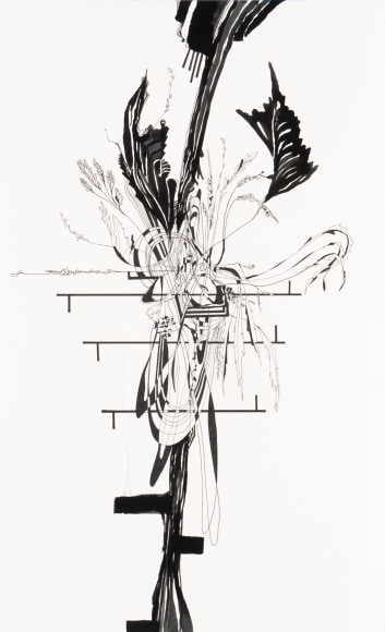 Luke Whitlatch  Yard Life #1, 2020  ink on paper  framed: 22 x 22 inches abstract drawing