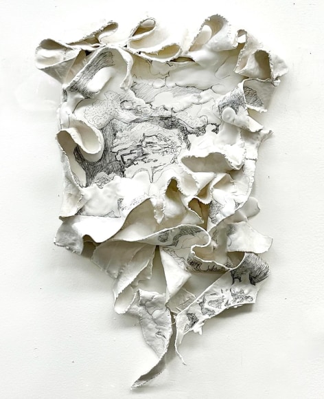 Shaped canvas with plaster ribbons edging the piece. Black and white abstract drawing interspersed