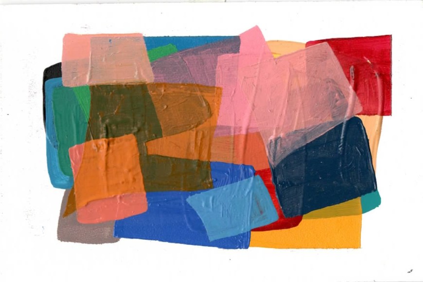 abstract work on paper with several layers of colored square and rectangles