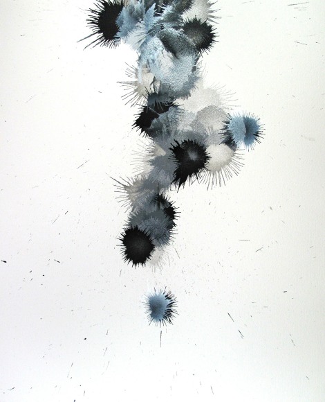 Ben Nixon  Night Walker, 2019  Acrylic on paper  20h x 16w in, abstract painting on paper with a central snaking composition, blues, gray, white silver and black