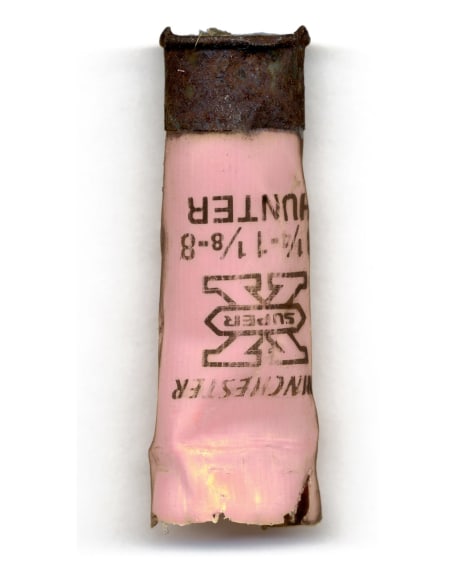 Colby Caldwell  Spent (99), 2012/2017  Archival Pigment Print  44h x 22w in 111.76h x 55.88w cm  Edition of 5  CC_007, color photograph of a pink, winchester (Hunter) shotgun shell