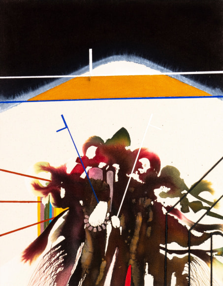 Luke Whitlatch  Welcome the aftermath, 2020  Dye, Acrylic and Oil on Canvas  16h x 20w in 40.64h x 50.80w cm  LW006 abstract mountain scene with figures in group in foreground, black sky and tan mountain forms