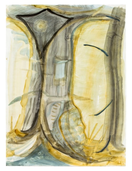Gerald van de Wiele  Roots &amp; Branches for R.D., 2019  Watercolor on paper  24h x 17 7/8w in, vertical abstraction of tree roots and branches, in yellows, browns and tans