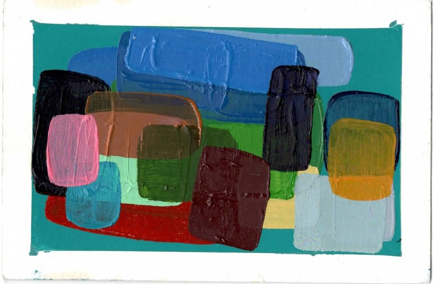 abstract work on paper with several layers of colored square and rectangles