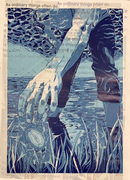 a hand reach through high grass to grasp and insect, printed on collaged paper