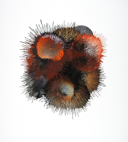 Ben Nixon  Camouflage, 2019  Acrylic and pencil on paper  7 7/8h x 7w in   Framed: 18 5/8h x 15w in. a large area of color emerging from darkness