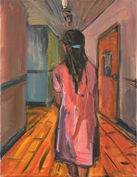 Painting of a young woman with her back to the viewer, walking down a long school hallway