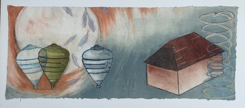 Flutter, 2022  Monotype on handmade paper  11h x 26 1/2w in, Framed: 15h x 30w in, print, aqua colored background, image features a house structure with red roof, two spinning tops