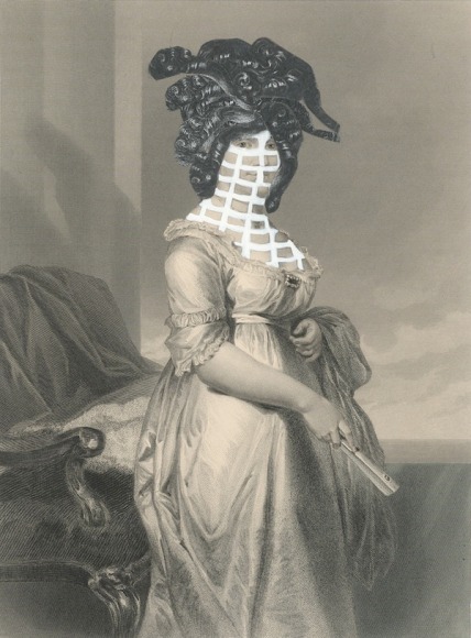 Kirsten Stolle Mrs. Percy Dunlap 1860/2015 from the series de-identified, 2015 gouache and collage on 19th century engraving 7 1/2h x 5w in, works on paper