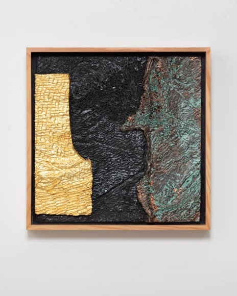 Abstract black and gold collage with hammock, by Randy Shull