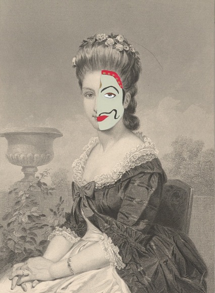 Kirsten Stolle  Miss Lillian Frost 1860/2014 from the series de-identified, 2014  gouache and ink on 19th century engraving  7 1/2h x 5w in, hand painted embellishments on 19th century portraits