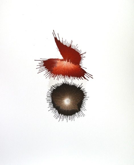 Ben Nixon  Sedona Crosswinds, 2019  Acrylic on paper  20h x 16w in   Framed: 24h x 20w in. a red butterfly shape over a glowing black orb