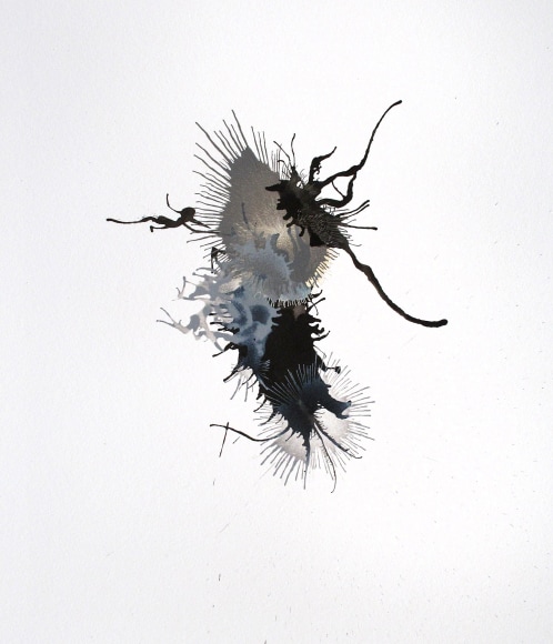 Ben Nixon  Never Catch Me, 2021, black, white and grey vertical abstraction with graphite spheres